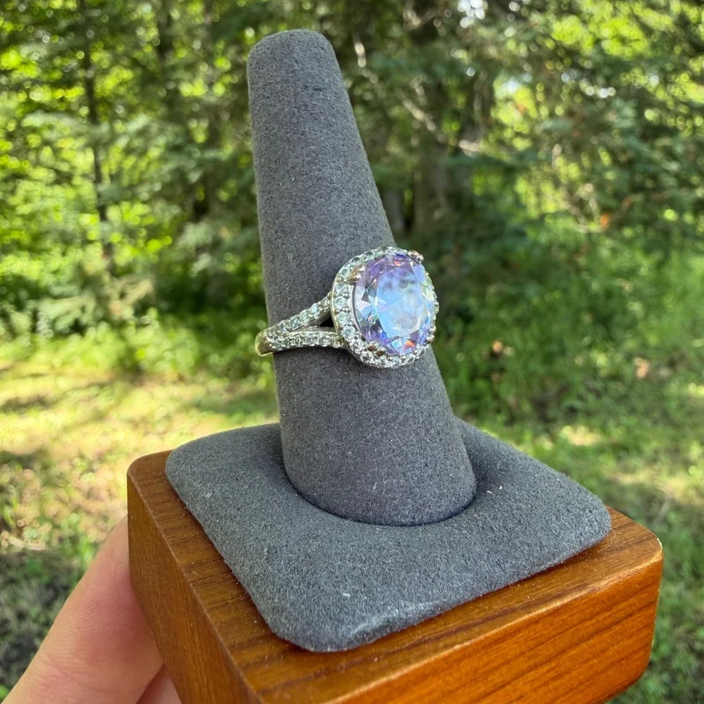 Oval Halo Statement Ring  9.5 Purple Silver Tone Split Shank Faux Amethyst
